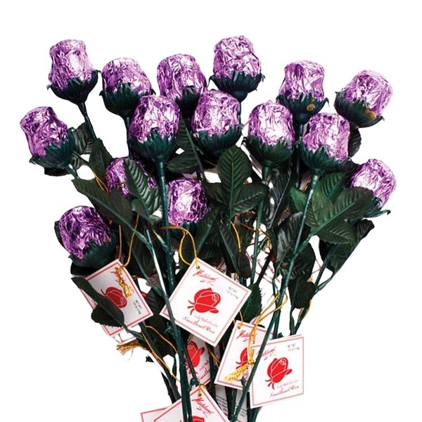 The Madelaine Chocolate Company One Dozen Solid Premium Milk Chocolate Roses - Wrapped in Lavender Foil - American-Made Swiss-Formulated - 6 Oz