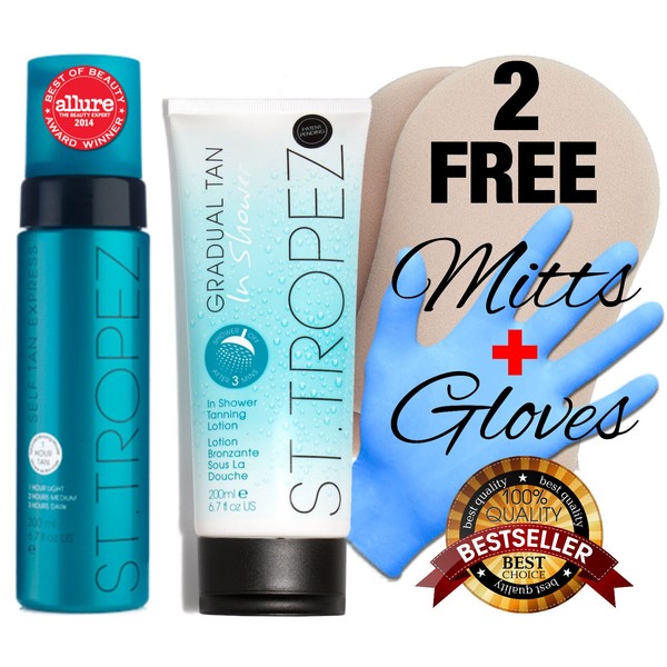 St. Tropez Self Tan Express MOUSSE + IN SHOWER GRADUAL TANNING LOTION +  MITTS