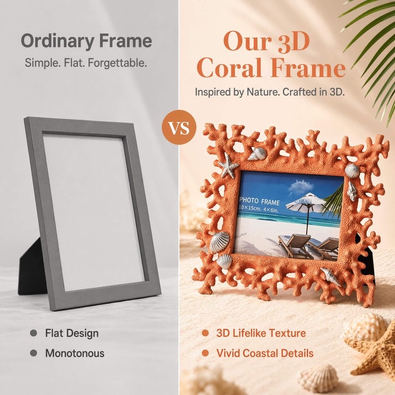 4x6 Coral Shell Picture Frame, Orange Resin Beach Decor