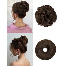 HSLHDI 2PCS Messy Bun Hair Piece-Large Wavy Curly & Donut Updo Hair Pieces Set, Scrunchies Synthetic Chignon Ponytail Extensions Thick Updo for Women(Chestnut Brown)