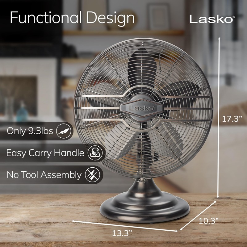 Lasko Oscillating Table Top Fan, Portable, 3 Quiet Speeds, for