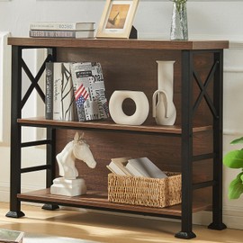 HOMBAZAAR Book Shelf, 3 Tier Short Bookshelf with Metal Frame and Backboard,Rustic Brown Deep Bookshelf with Imitation Wood Shelves, Low Shelf Bookcase for Living Room, Bedroom and Office