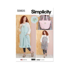 Simplicity Misses' Relaxed Fit Pinafore Aprons and Tote Sewing Pattern Kit by Elaine Heigl, Design Code S9805, XS-S-M-L-XL, Multicolor