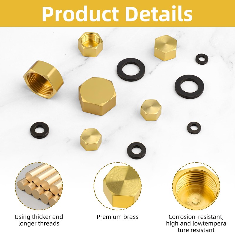 6 PCS Brass Pipe Caps with Rubber Gaskets - Hex