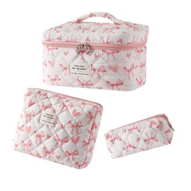 RSRSLEII 3Pcs Large Cotton Quilted Makeup Bag Set, Cute Coquette Floral Cotton Cosmetic Bag with Bows, Aesthetic Travel Organized Toiletry Bags for Women Girls（04Love Bows）
