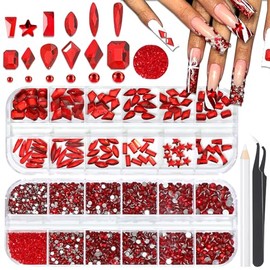 3520Pcs Red Nail Rhinestones for Nails,Multi Shapes Flatback Nail Gems Round Glass Crystal Rhinestone for Crafts,1.3-4MM Size Nail Diamond Gemstones Charms for Nails Design DIY Makeup Decoration