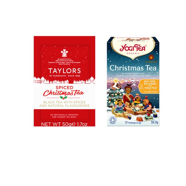 Pack of 2 Spiced Christmas Teabags - Taylors Black Tea 50g & Yogi Ayurvedic Tea Blend 35.7g - Natural Flavours
