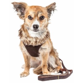 2-in-1 Adjustable Cotton Dog Harness and Leash with Quick Release Removable Fur Collar Luxurious Mesh Reversed XS Pet HarnessSize: Medium, Color: Brown1