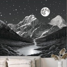 Black and White Mountain Tapestry for Bedroom Aesthetic, Black Large Moon Forest Wall Tapestries for Men, Cool Winter Snow Starry Sky Night Tapestry for Living Room Dorm Office Home Decor 60in X 79in