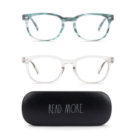 Rae Dunn "JUDY Blue Light Blocking Reading Glasses - 2 Pack w/READ MORE Signature Font Hard Case (Emerald Swirl Clear/Crystal Cool Grey, 2.0)