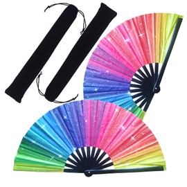 KYHSOM Rainbow Glitter Hand Fans 2 Pack - Large Holographic Pride Folding Fans with 2 Velvet Pouches | Gift Set for Dance, Rave, Wedding, Festival & Cosplay | Portable Party Accessories