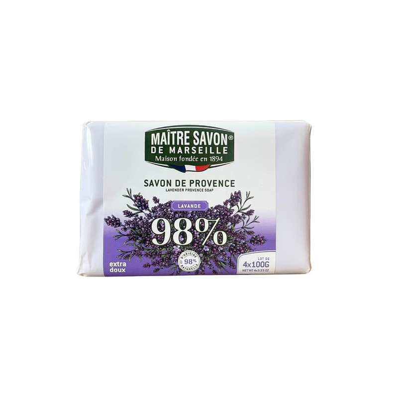 Maitre Savon de Marseille(メートル・サボン・ド・マルセイユ) サボン・ド・プロヴァンス ラベンダー 100g×4, フレグランスソープ, 植物性石鹸, フランス製