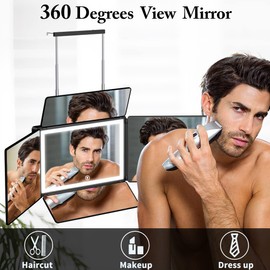 UHdod UHdod 5 Way Mirror for Hair Cutting with LED Light, 360 Barber Mirrors with Adjustable Height Brackets, Makeup Mirror for Self Cut, Shaving, Grooming, Good Gifts for Men Women