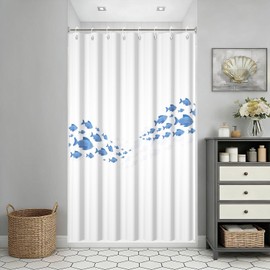 Yeele School of Fish Minimalist Ocean Wave Shower Curtain, Blue Coastal Shower Curtain Set, Waterproof Washable Fabric Bath Curtain 48x72 Inch with Grommets and Hooks