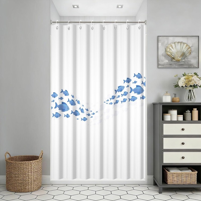 Yeele School of Fish Minimalist Ocean Wave Shower Curtain, Blue