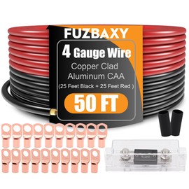 Fuzbaxy 4 Gauge Wire (25 Feet Black+25 Feet Red) Copper Clad Aluminum CCA - Primary Automotive Power Inverter Wire,20PCS Lugs Terminal Connectors,20PCS Heat Shrink Tubing with 100A ANL Fuse