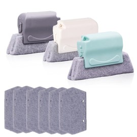 Slotted Cleaning Brush, 3 Pieces Cleaning Brushes and 6 Replacement Pads, Kitchen Cleaning Kit, for Cleaning All Corners of Windows and Doors, Grey, Green, Cream