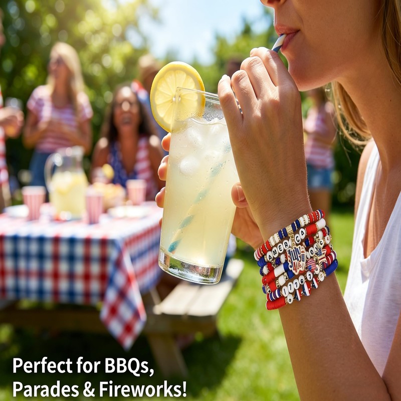 4th of July Bracelet Set, Red White Blue Stretchy Patriotic
