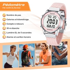 2401 Women Pedometer Soft Nylon Bracelet No App or Charging Required with Pedometer Calorie Counter Distance Watch and Backlight, pink, Nylon
