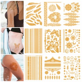 9 Sheets Gold Temporary Tattoos, 110+ Styles Metallic Tattoos Temporary Flash Face Tattoos Star Butterfly Waterproof Festival Tattoos Stickers for Women Girls Eyes Face Body Art Makeup