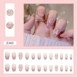 24Pcs Medium Press on Nails Square Fake Nails Nude Pink Glitters False Nails with Butterfly Pearl Rhinestone Designs Stick on Nails Full Cover Glossy Acrylic Artificial Nails for Women Decorations