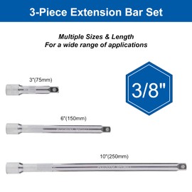 DAKCOS 3/8 Inch Drive Extension Bar Set 3 Pieces Socket Extension 3, 6, 10 Inch Long Chrome Vanadium Steel