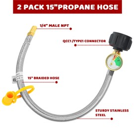 2 Pack 15" RV Propane Hose with Gauge, Stainless Steel Braided Camper Standard Tank Hose with 1/4" Male NPT and QCC1 Fittings, RV Gas Hose for Dual Stage Regulator