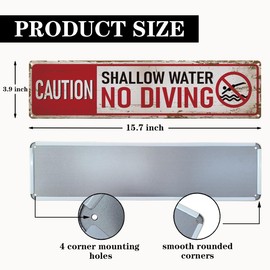 Retro Tin Metal Sign, Caution Shallow Water No Diving, Aluminum Pool Signs, Swimming Pool Outdoor Signs, Vintage Warning Sign for Pools, Distressed Metal Attention Plaque, 15.8x4 Inches