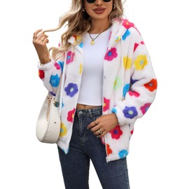 Vipwest Womens Oversized Polar Fleece Jackets Winter Plain Casual Cozy Medium Length Coats Outerwear with Pockets (Flower, 4X-Large)