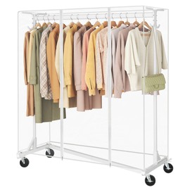 Hoctieon Z Clothes Rack with Cover, Metal Heavy Duty Clothing Rack, Rolling Garment Rack with Wheels, with Dustproof Cover Waterproof Protector, with 2 Durable Zippers, for Hanging Clothes, White