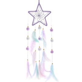 Dream Catcher Wall Decor - Handcrafted Feather Woven Pendant, Pompom Feather Dreamcatcher, Boho Chic Wind Chime, Valentine’s Day Ornament - Unique Gifts for Birthday Wedding Housewarming (Star)