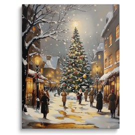 ART Christmas Canvas Wall Vintage Town in Winter Scene Canvas Print Crowd on the Street with Illuminated Christmas Tree Wall Painting Festive Holiday for Living Room Bedroom Seasonal Decor 20x24inch