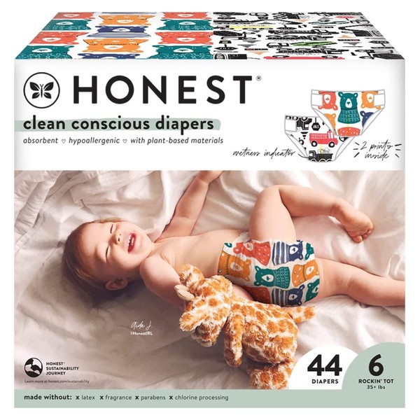 The Honest Company Clean Conscious Diapers | Plant-Based, Sustainable | Beary Cool + Big Trucks | Club Box, Size 6 (35+ lbs), 44 Count