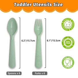 Muulaii 12 Pcs Kids Spoons and Forks Toddler Utensils Plastics Reusable Silverware Baby Cutlery Set Feeding Dinnerware Utensils BPA Free Microwave Dishwasher and Freezer Safe- Light Green