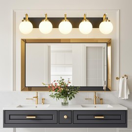 FDPBY 5-Light Bathroom Vanity Light Fixtures Sand Black Gold Vanity Lights Over Mirror Modern Wall Sconce with Milk White Glass Globe Lampshade for Lving Room Dining Room Corridor Powder Room