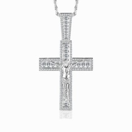 TRIPOD JEWELRY Crucifix Cross Necklace Iced Out Baguette Christian Lords Prayer Chain White REAL Gold Plated Baptism Pendant Charm for Mens Womens Christmas Birthday Gift（White Gold，24"）