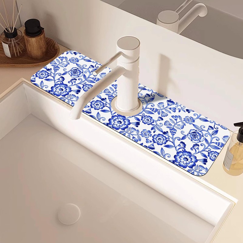Watercolor Blue Floral Kitchen Sink Splash Guard Mat - Absorbent