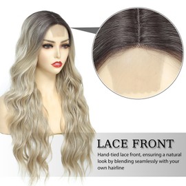 Yamel Long Balayage Blonde Wig Synthetic Natural Long Hair Wig 26 Inch Adjustable Curly Wavy Middle Part Lace Front Wigs for Women