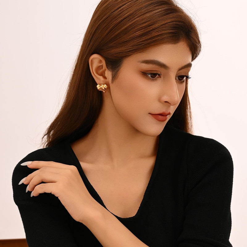 18K Gold Plated Heart Stud Earrings for Women, Chunky Heart