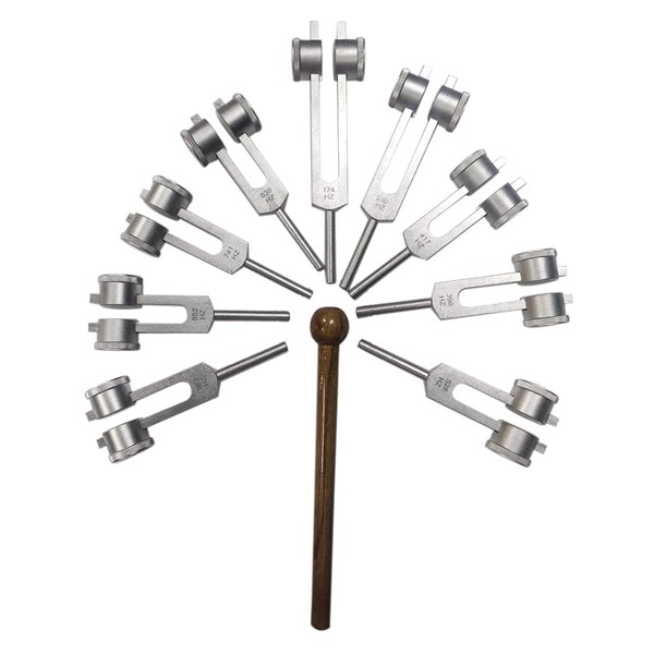 Radical Sacred Solfeggio DNA incl 528Hz 9pc Weighted Tuning Forks with Wood Hammer Mallet - Special Design for High Hz Short Forks