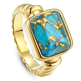 Phyonio Teal Turquoise Rings for Women 14K Gold Plated Signet Ring Stainless Steel Chunky Gold Rings Statement Ring Band Size 9