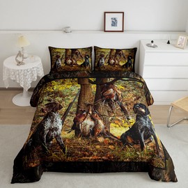 Erosebridal Pheasant Hunting Comforter Set Queen Size Black Dog Bedding Set Boho Farmhouse Wild Animals Down Comforter Woodland Leaves Hunter Gun Room Decor Quilt Set for Men Boys Adults Kid