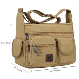 LEBULLBRO Canvas Messenger Bag for Mens Womens Multi-pockets 13 inch Laptop Shoulder Sling Bags School Crossbody Bags Travel (Khaki)