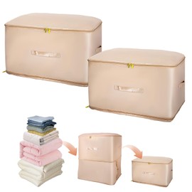 2 Pcs Ultra Space Saving Self Compression Organizer, Comforter Storage Bag, Moving Bag for Comforters, Clothes, Blankets, Bedding, College (X-Large, Beige)