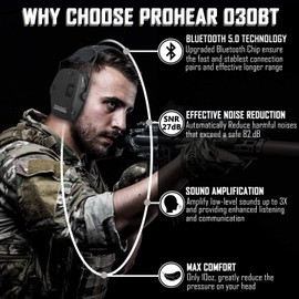 PROHEAR 030BT Electronic Safety Earmuffs for Shooting, Adult Ear Defenders for Shotgun Range, Active Noise Reduction and Sound Amplification Hearing Protector for Hunting, SNR 27dB/NRR 22dB, Bluetooth