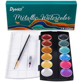 Dyvicl Glitter Metallic Watercolor Set - 12 Assorted Colors, Portable Box with Water Brush, Metallic Accents for Black Paper Drawing, Illustrating, Making Card, Coloring Books