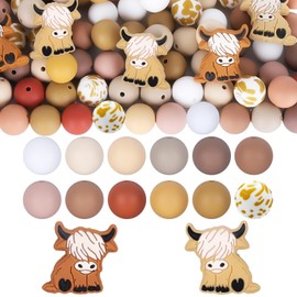 Whaline 100Pcs Highland Cow Silicone Beads Animal Shaped Beads Fall Brown White Loose Cow Bead Western 15mm Colorful Flat Round Spacer Beads for Autumn Making DIY Necklaces Bracelet Keychain
