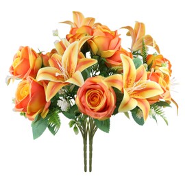 Vejkl Grave Flowers for Cemetery 2 Bunches Lily & Rose Mixed Cemetery Flowers for Grave-Orangish Yellow Silk Memorial Artificial Flowers for Headstones Gravesite Graveyard Grave Vase Decorations
