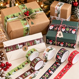 Christmas Masking Tape 12-Design Set, Gift Wrapping Journaling Decoration Deco Tape, 1 Count, Green Forest
