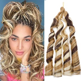 S-noilite French Curl Braiding Hair 24 inch 1 Pack Loose Wavy Spiral Curly Crochet Hair Deep Wave Synthetic Extensions for Women Bouncy Braided Hair, Brown Blonde Mix Highlight